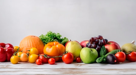 Fresh fruits and vegetables on wooden background. Healthy food concept. Copyspace.の写真素材