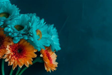 Bouquet of gerbera flowers on a blue background.の写真素材