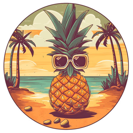 Pineapple with sunglasses on the beach. illustration in retro style.の写真素材