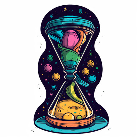hand drawn illustration of an hourglass with sand, planets and stars inside.
