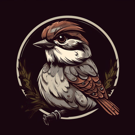 illustration of a sparrow in a round frame on a black backgroundの写真素材