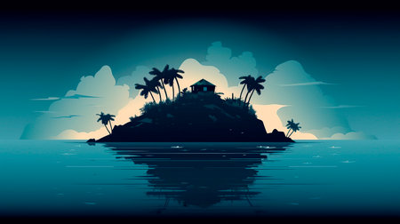 tropical island with palm trees and reflection in water, illustrationの写真素材
