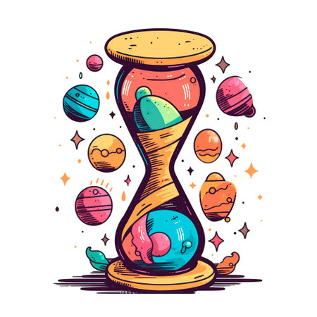 Hand drawn hourglass with planets and stars. Colorful illustration.の写真素材