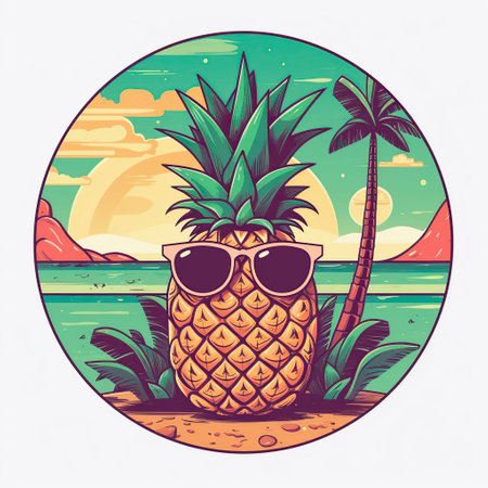 Pineapple in sunglasses on the background of the beach. illustration.の写真素材