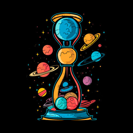 illustration of an hourglass with planets and stars on the black background.の写真素材