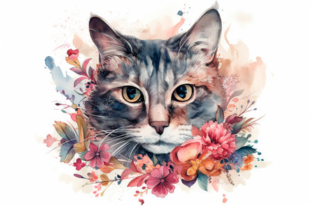 Watercolor portrait of a cat with flowers, isolated on white backgroundの写真素材