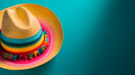 Sombrero hat on a turquoise background with copy spaceの写真素材