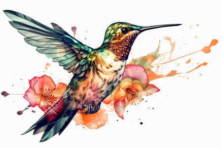 Hummingbird with flowers and splashes isolated on white background.の写真素材