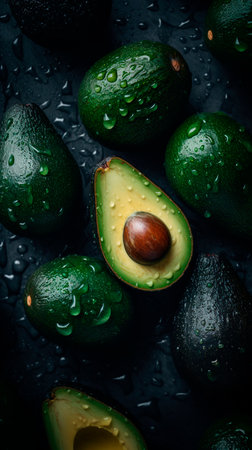 Avocado with water drops on a dark background. top view.の写真素材
