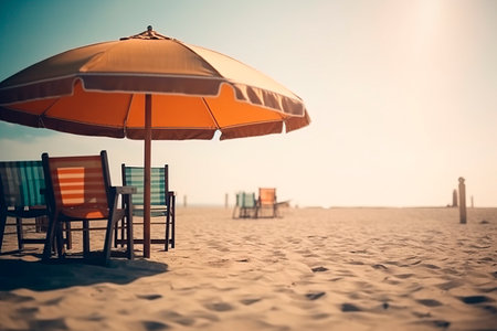 Beach chairs and umbrella on the sand in the morning. holiday conceptの写真素材