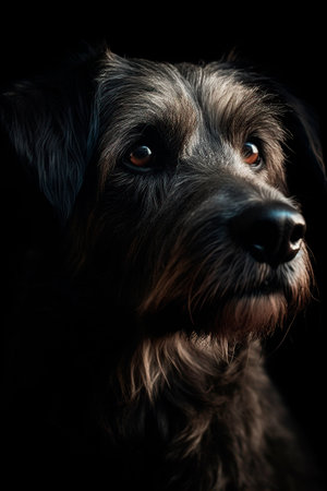 Portrait of a black dog on a black background. Studio shot.の写真素材