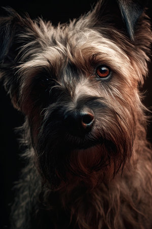 Portrait of a cute Yorkshire Terrier on a black background.の写真素材
