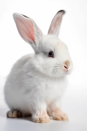 Cute white rabbit isolated on white background. Studio shot. Easter bunny.の写真素材