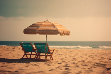 Chairs and umbrella on the beach - vintage filter, retro effectの写真素材