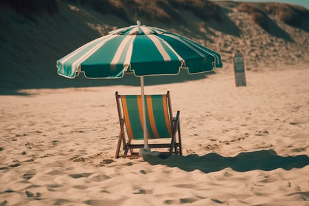 Beach chair with umbrella on sand dunes, retro tonedの写真素材