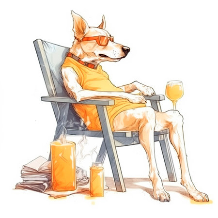 Illustration of a dog resting on a deck chair with a glass of wineの写真素材