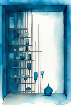 Watercolor illustration of a wooden shelf with glass candlesticks.の写真素材