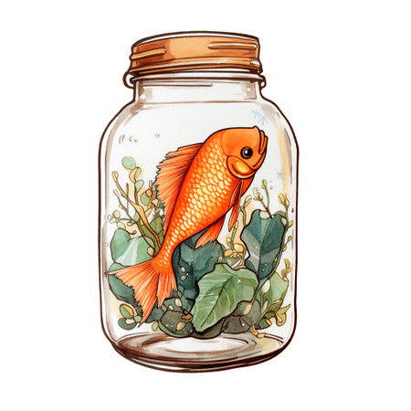 Aquarium fish in a glass jar. Hand drawn watercolor illustrationの写真素材
