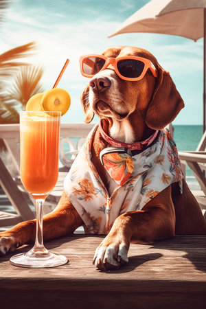Beagle dog in sunglasses with a glass of cocktail on the beachの写真素材