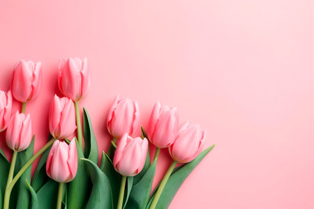 Bouquet of pink tulips on a pink background. Top view, flat layの写真素材