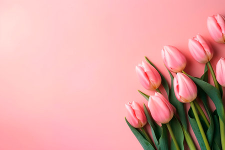 Bouquet of pink tulips on pastel pink background.の写真素材