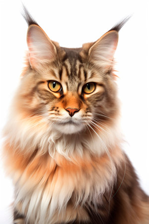 Close-up portrait of a Maine Coon cat on white backgroundの写真素材