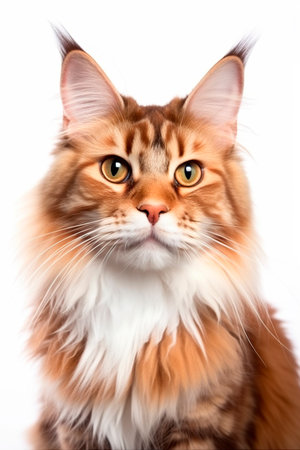 Portrait of a Maine Coon cat, isolated on white backgroundの写真素材