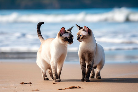 Two Siamese cats standing on the beach and looking at each other.の写真素材
