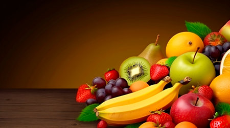 Fruits on wooden table with space for your text. 3d illustrationの写真素材