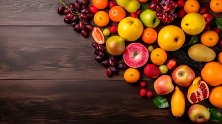 Fruits on wooden background. Healthy food concept. top view.の写真素材