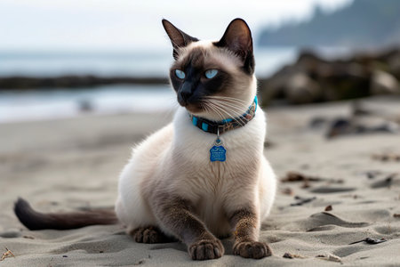 Siamese cat with blue eyes sitting on the sandy beach.の写真素材
