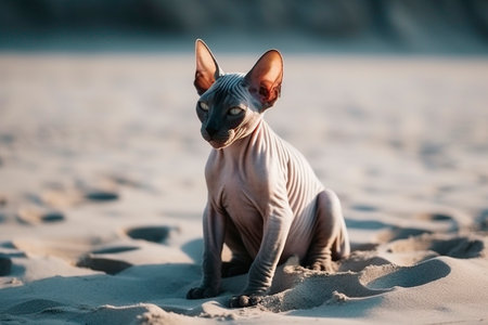 Sphynx cat sitting on the sand on the beach.の写真素材