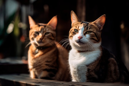 Close up of two cats sitting on the bench and looking at cameraの素材
