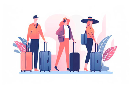 People with suitcases. Men and women going on vacation. vector illustrationの写真素材