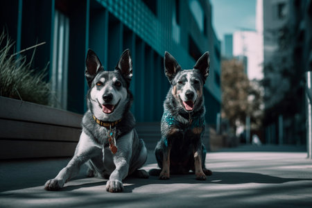 Two dogs sitting on the street and looking at the camera on a sunny dayの写真素材