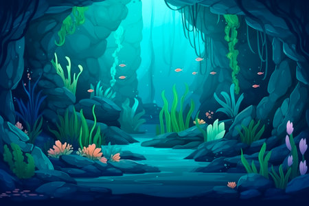 Underwater scenery. Cartoon vector illustration of underwater cave with fish and algaeの写真素材