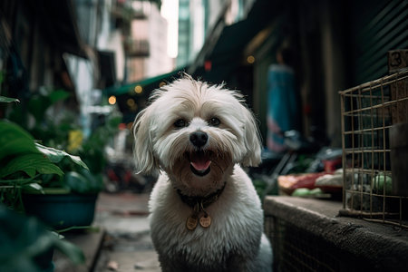 Maltese dog sitting on the street in Hanoi, Vietnamの写真素材
