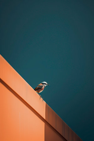 A bird perched on a building roof with a blue sky background.の写真素材