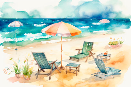 Chairs and umbrellas on the beach. watercolor illustrationの写真素材