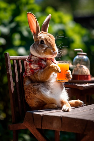 Rabbit in a scarf with a glass of juice in the gardenの写真素材