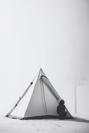Tent on the beach in a foggy day, black and whiteの写真素材
