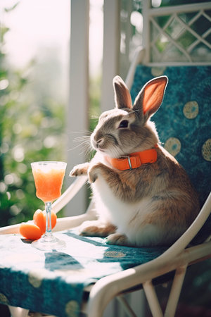 Rabbit with a glass of orange juice on a chair in the gardenの写真素材