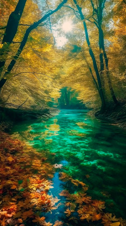 Beautiful autumn landscape with a river in the forest. panoramic viewの写真素材