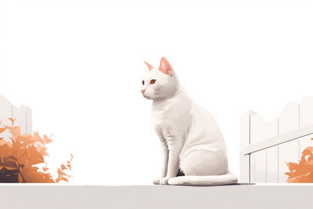 White cat sitting on the floor with autumn leaves in front of fenceの写真素材