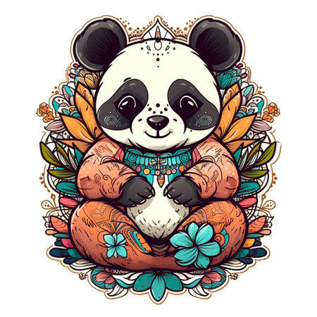 Cute cartoon panda with flowers. Vector illustration for t-shirt print design.の写真素材