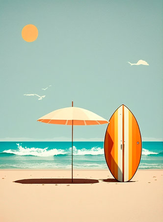 Surfboard and umbrella on the beach. Vintage painting style.の写真素材