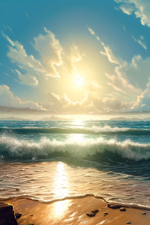 Beautiful seascape with waves at sunset. Nature composition.の写真素材