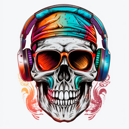 Skull with headphones and colorful smoke on white background. Vector illustration.の写真素材