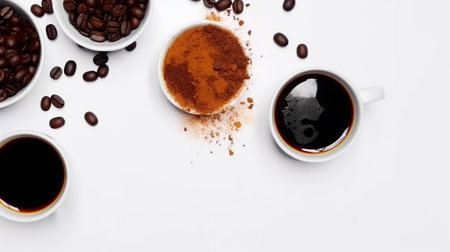 Coffee cup and coffee beans on white background, top viewの写真素材