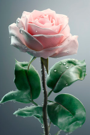 beautiful pink rose with dew drops on a gray background.の写真素材